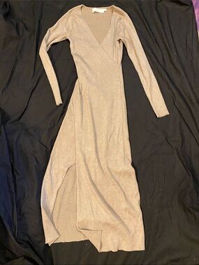 Astr Metallic Wrap-Style Maxi Dress in Champagne